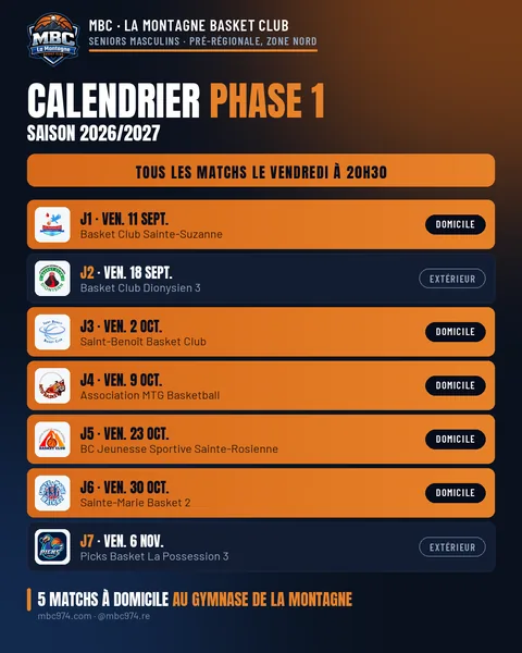 Affiche du calendrier de la phase 1, saison 2026/2027 : les sept rencontres des seniors masculins, toutes le vendredi à 20h30, dont cinq à domicile au Gymnase de La Montagne.