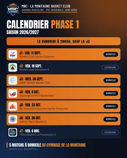 Affiche du calendrier de la phase 1, saison 2026/2027 : les sept rencontres des seniors masculins, le vendredi à 20h30, sauf la J3 contre Saint-Benoît, avancée au mercredi 30 septembre, dont cinq à domicile au Gymnase de La Montagne.