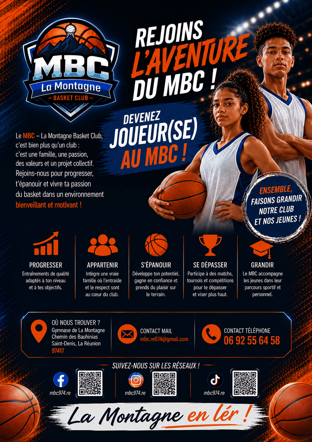 Flyer officiel de recrutement MBC La Montagne Basket Club — devenez joueur ou joueuse au MBC, saison 2026-2027