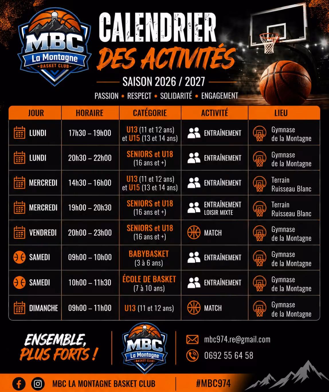 Calendrier des activités MBC La Montagne Basket Club saison 2026-2027