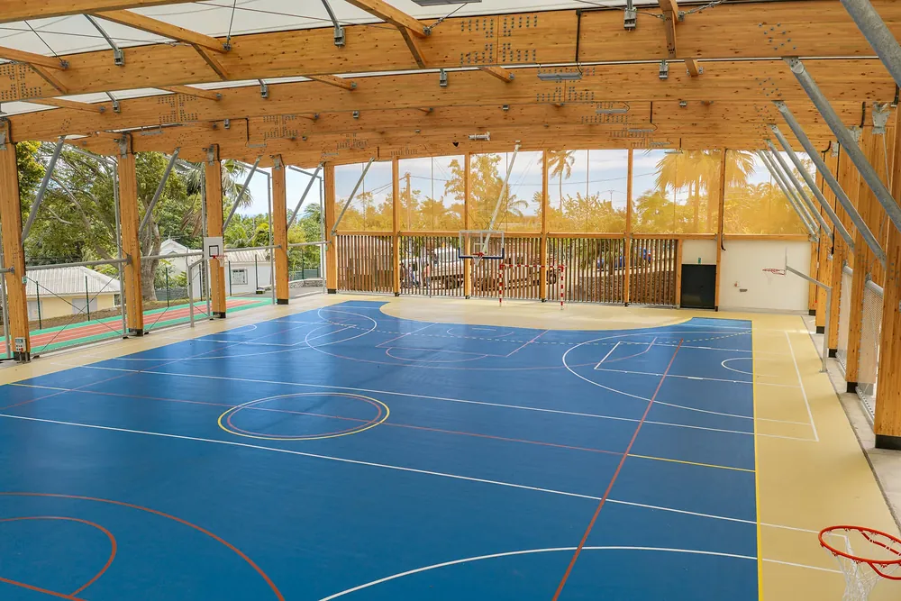 Le plateau multisports de Ruisseau Blanc : terrain de basket bleu sous une charpente bois couverte, à La Montagne.