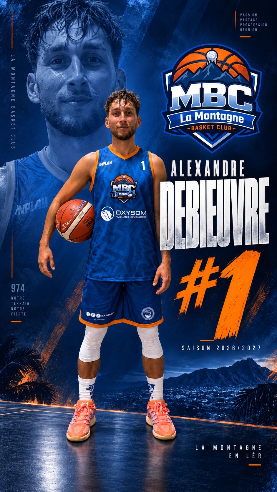 Affiche du joueur Alexandre Debieuvre, meneur numéro 1 de l'équipe seniors du MBC La Montagne, saison 2026/2027.