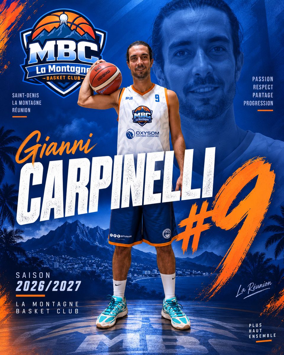 Affiche du joueur Gianni Carpinelli, intérieur numéro 9 de l'équipe seniors du MBC La Montagne, saison 2026/2027.