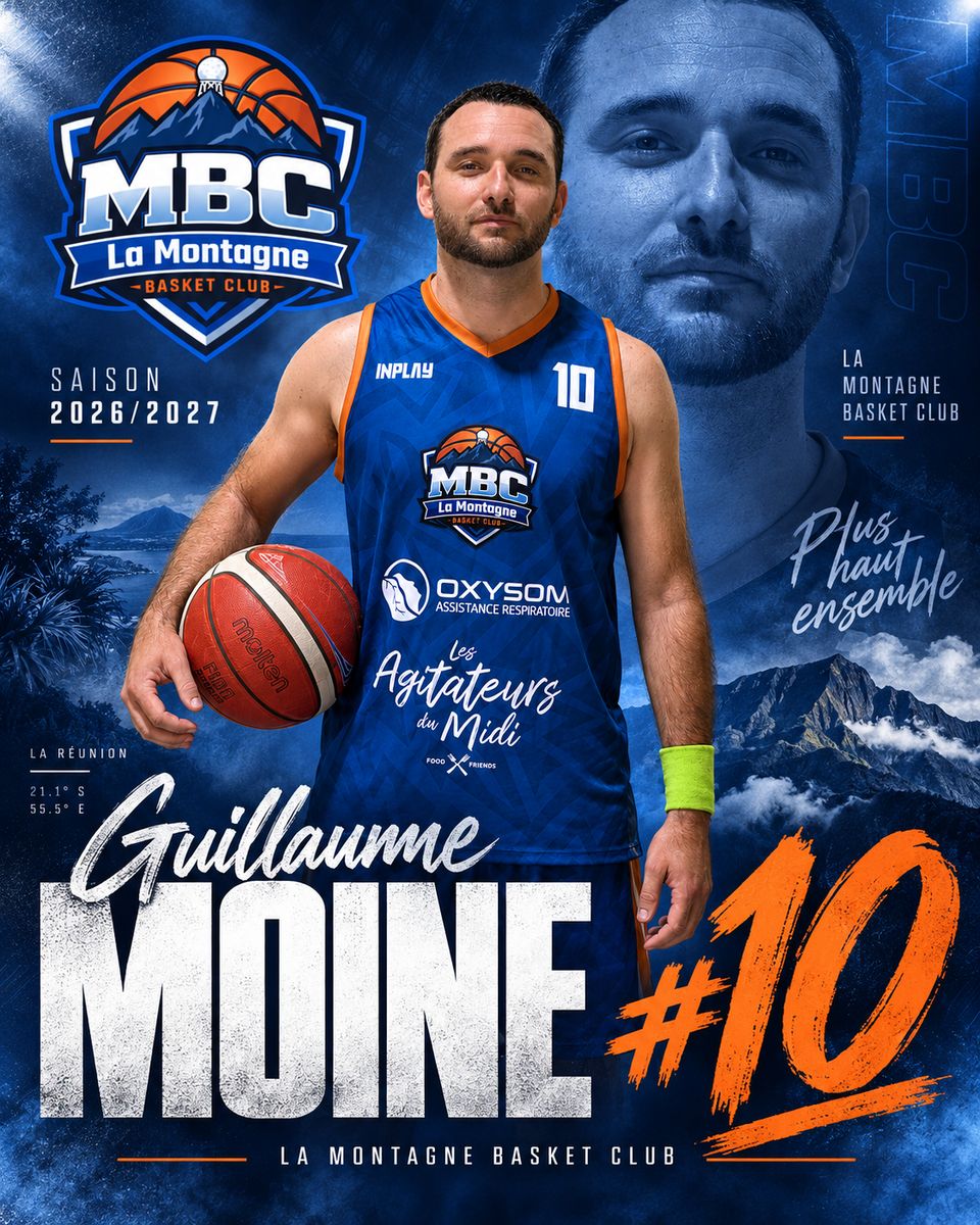 Affiche du joueur Guillaume Moine, arrière numéro 10 de l'équipe seniors du MBC La Montagne, saison 2026/2027.