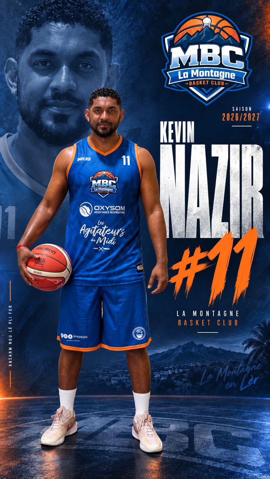 Affiche du joueur Kevin Nazir, ailier numéro 11 de l'équipe seniors du MBC La Montagne, saison 2026/2027.