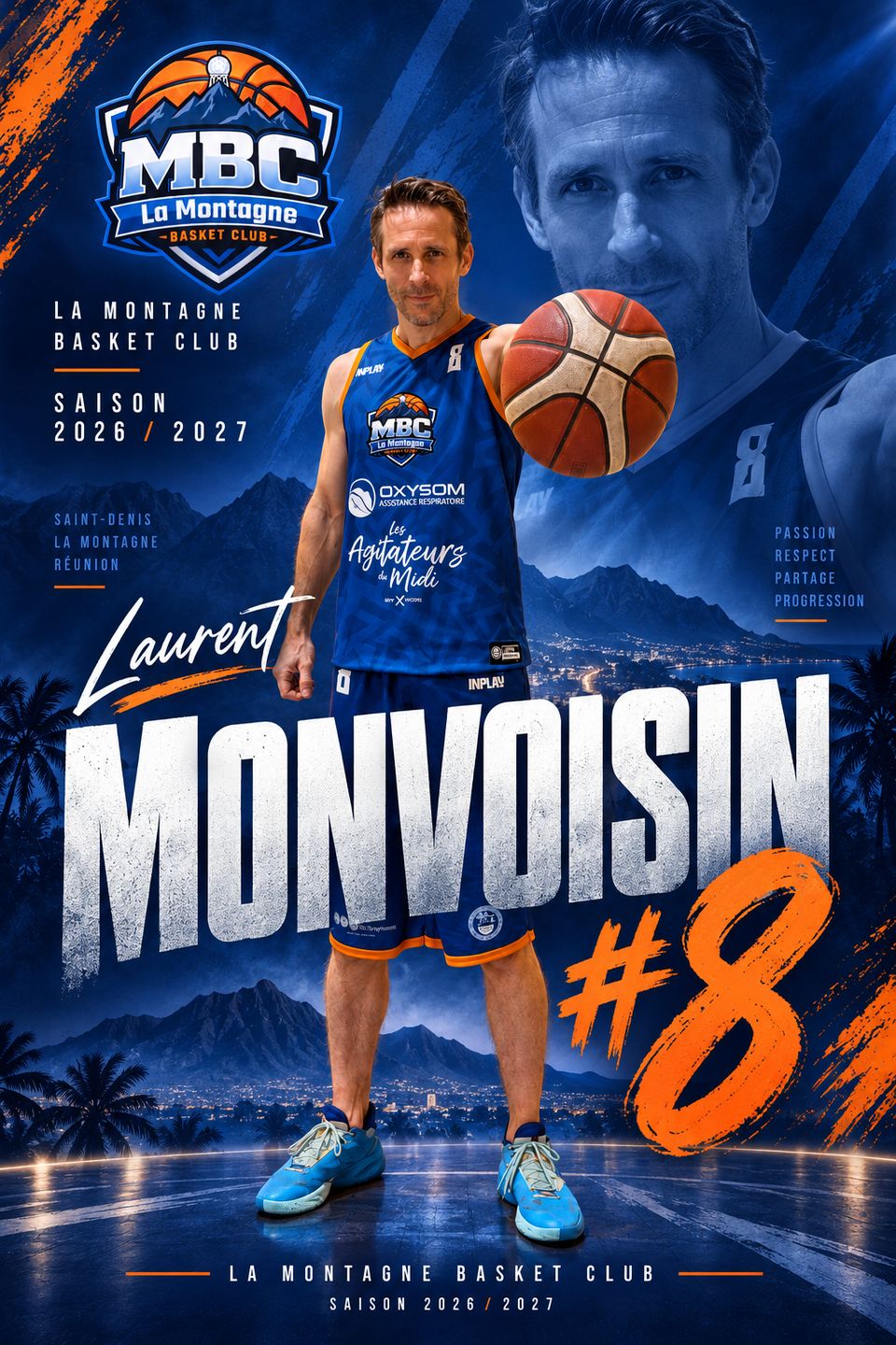 Affiche du joueur Laurent Monvoisin, arrière numéro 8 de l'équipe seniors du MBC La Montagne, saison 2026/2027.