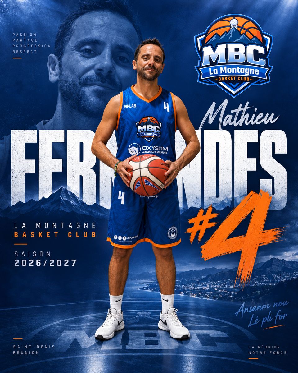 Affiche du joueur Mathieu Fernandes, meneur numéro 4 de l'équipe seniors du MBC La Montagne, saison 2026/2027.