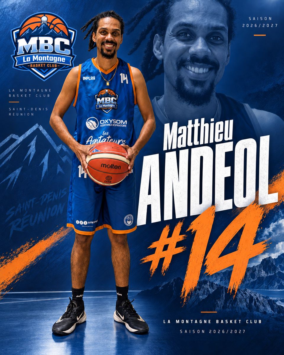 Affiche du joueur Matthieu Andéol, arrière numéro 14 de l'équipe seniors du MBC La Montagne, saison 2026/2027.