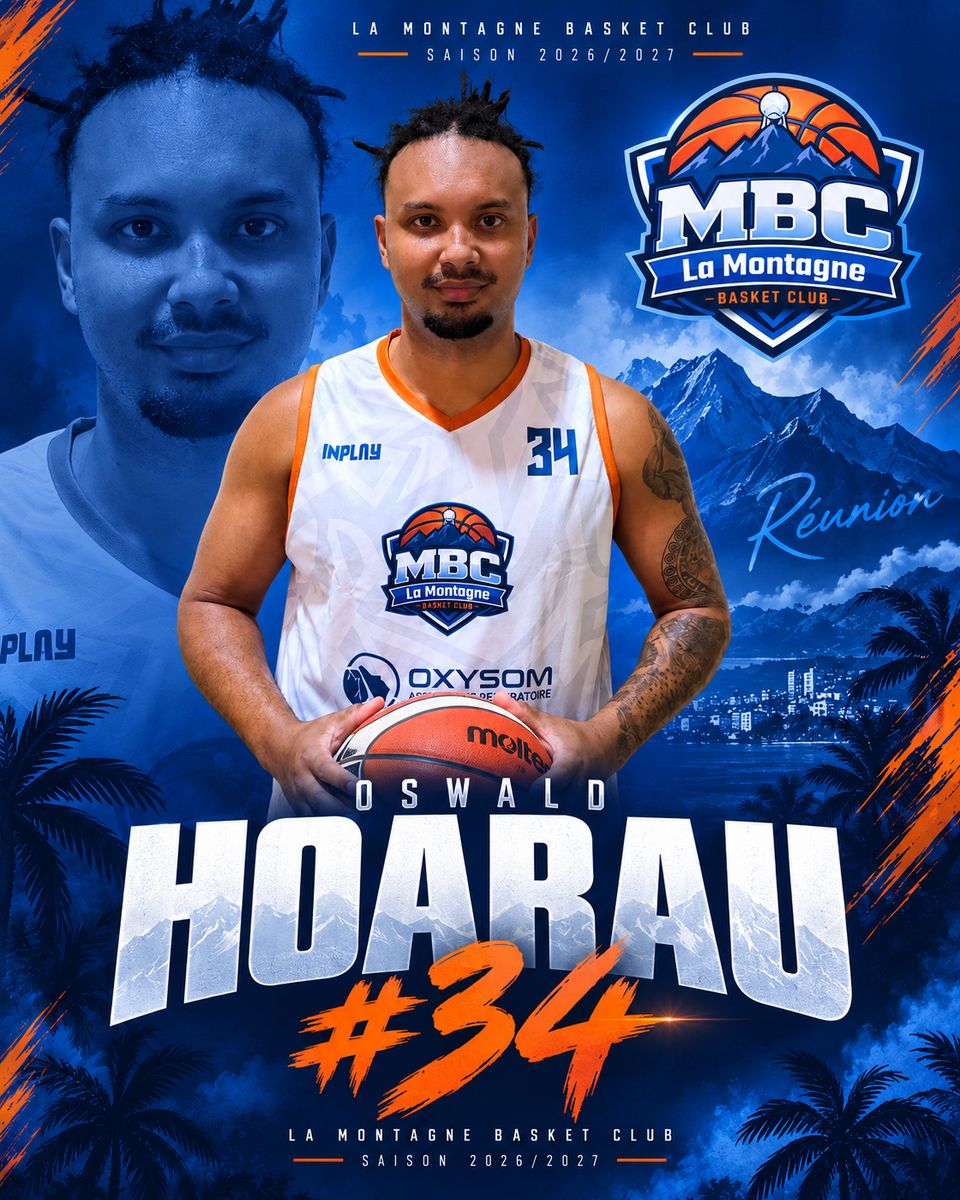 Affiche du joueur Oswald Hoarau, intérieur numéro 34 de l'équipe seniors du MBC La Montagne, saison 2026/2027.